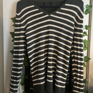 Striped V-Neck Sweater - Black and White